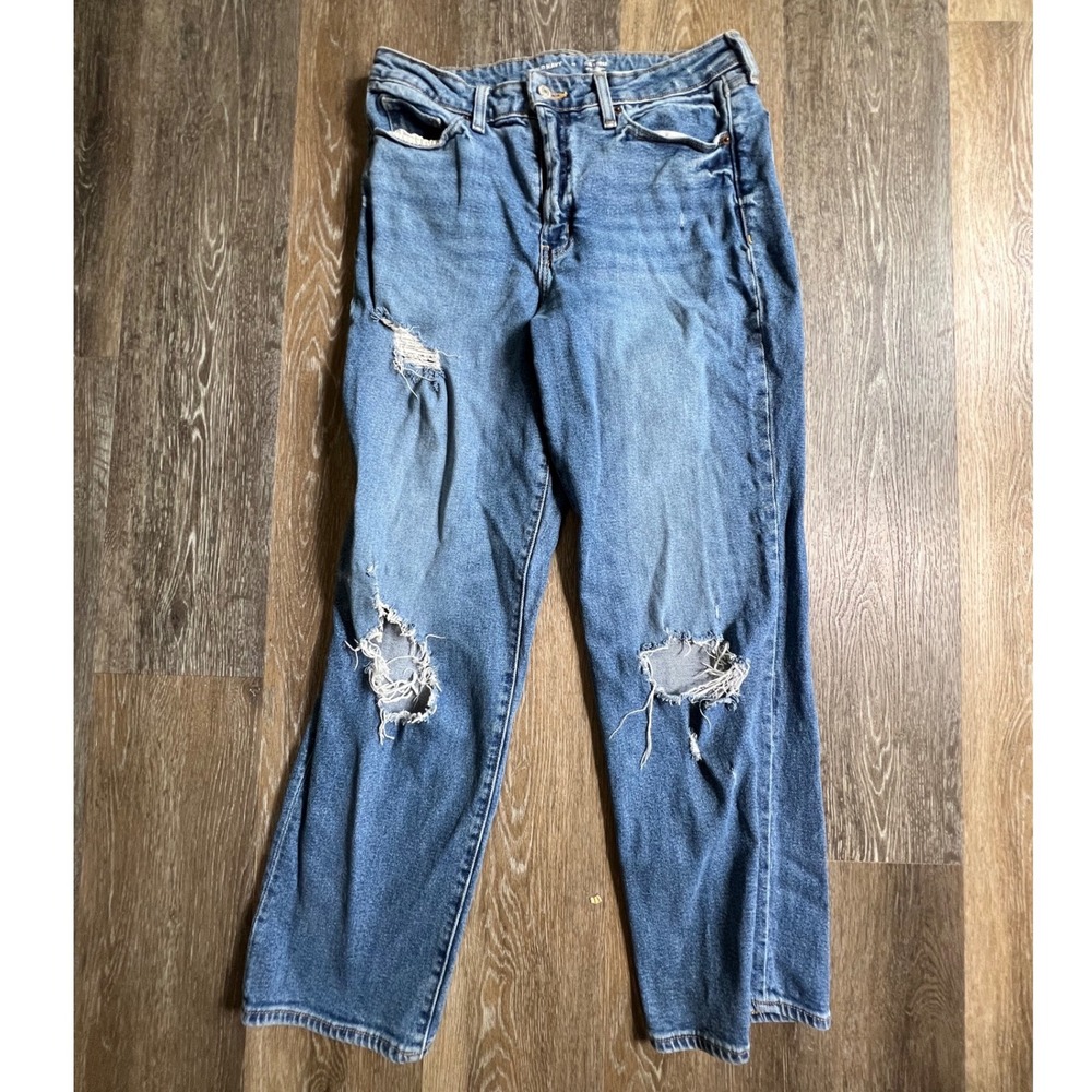 Old Navy O.G. Loose Jeans Womens 12 Blue High Rise Distressed Ripped Knee